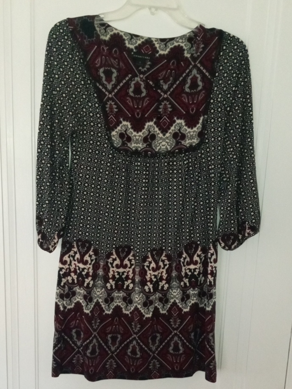 Boho Mixed-Print Long Sleeve Dress in Burgundy and Black, small